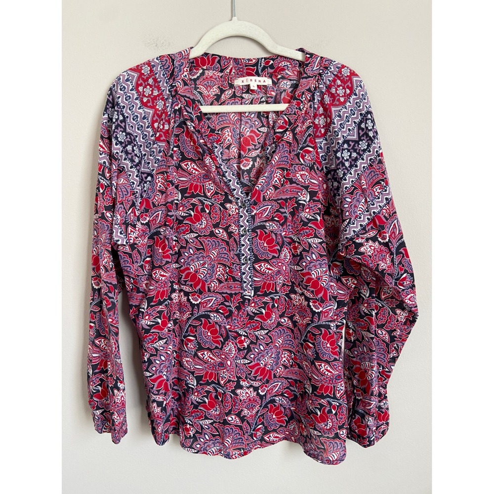 Xirena Marin Red Paisley‎ Boho V Neck Blouse Women's Size Large Cotton - Picture 2 of 8